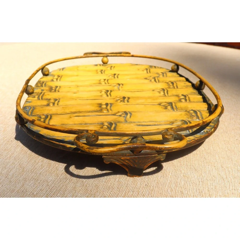 Vintage Bamboo Themed Tableware Metal Serving Tray and Ceramic Napkin Holder